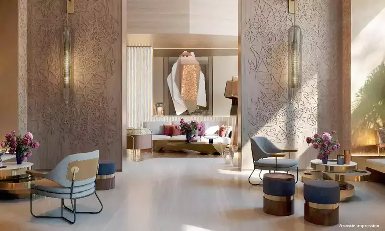 Living room with orange sofa and wooden partition